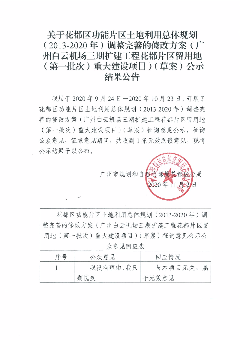 关于葡京娱乐场
功能片区土地利用总体规划（2013年-2020年）调整完善的修改方案（广州白云机场三期扩建工程葡京
片区留用地（第一批次）重大建设项目（草案）公示结果公告.jpg