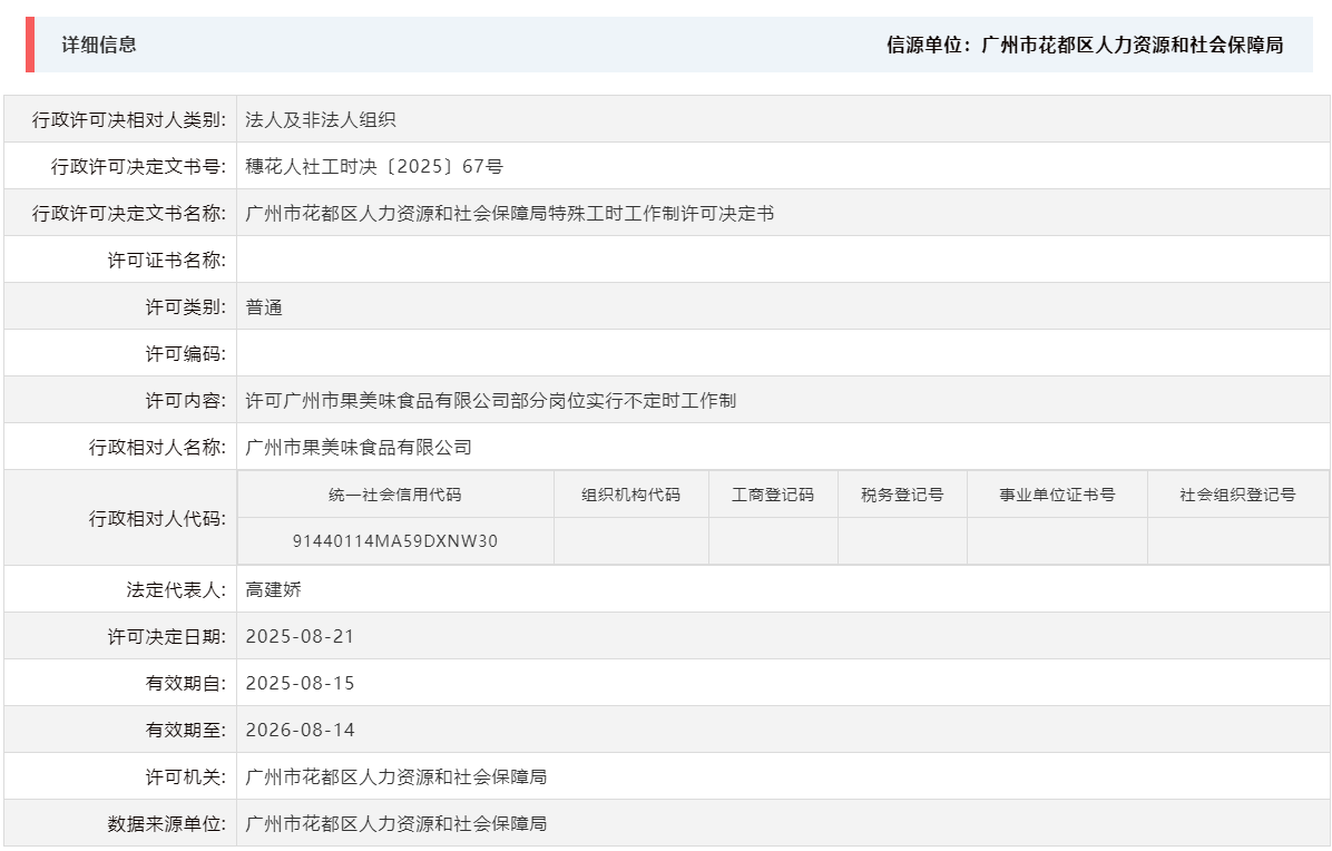 8.21许可广州市果美味食品有限公司部分岗位实行不定时工作制.png