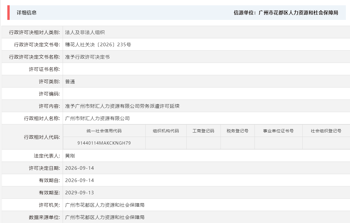 9.14准予广州市财汇人力资源有限公司劳务派遣许可延续.png